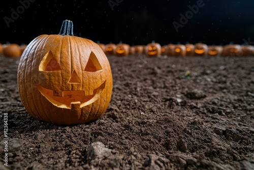 Carved jack-o'-lantern on a dark field with other pumpkins photo