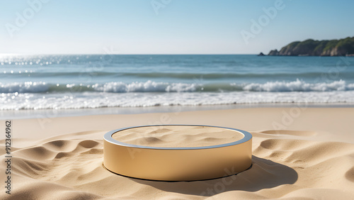 Summer beach podium with a white 3D display platform on golden sand, set against a clear blue sky and gentle waves, evoking a vacation vibe. 