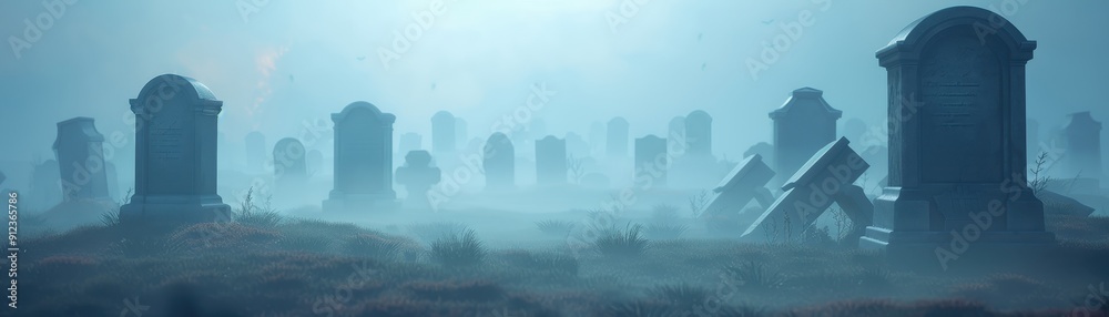 A haunting graveyard scene shrouded in mist, featuring weathered tombstones and an eerie atmosphere that evokes mystery.