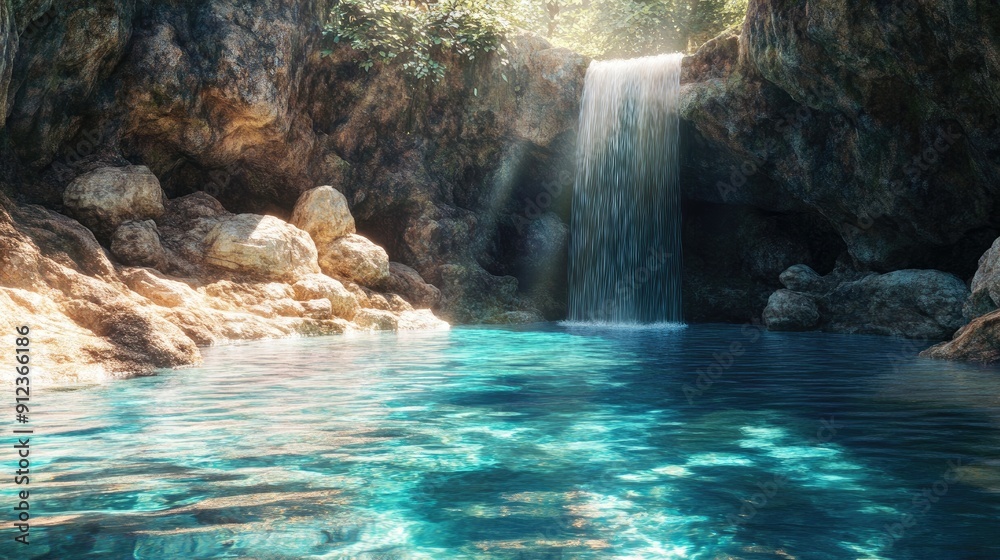 A tranquil waterfall flowing into a crystal-clear pool, with sunlight reflecting off the water's surface. A tranquil waterfall flowing into a crystal-clear pool, with sunlight reflecting off the water's surface.