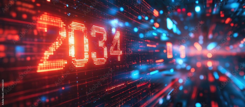 3D Rendering of 2034 Text Featuring Technological Glitches and Screen Interference Effects