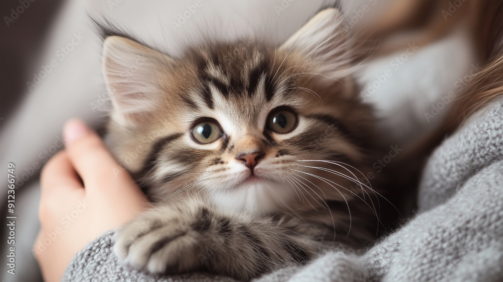 Obraz premium Adorable close-up of a fluffy kitten with big, round eyes.