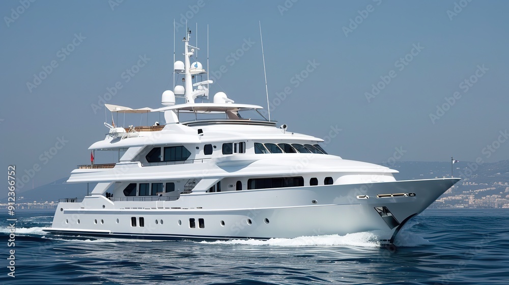 Luxurious Yacht Cruising on Calm Waters, Elegance Afloat with Modern Amenities, Serene Oceanic Experience, Prestige and Comfort at Sea, Sailing towards a Golden Sunset, Opulent Marine Lifestyle. Luxurious Yacht Cruising on Calm Waters, Elegance Afloat with Modern Amenities, Serene Oceanic Experience, Prestige and Comfort at Sea, Sailing towards a Golden Sunset, Opulent Marine Lifestyle.