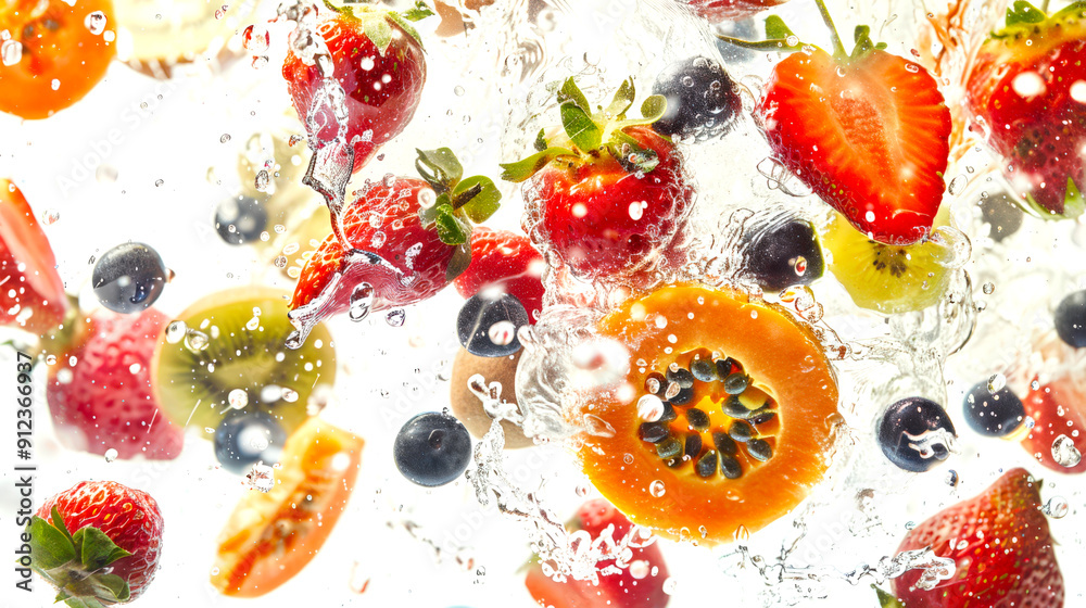 Ripe juicy berries and fruits in the water. Strawberries, blueberries, kiwi and papaya on a white background are mixed in water. Berry detox. The gifts of summer