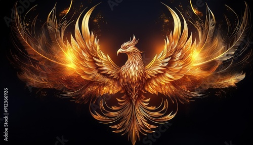 Develop a logo of a golden phoenix with fiery feather details.
