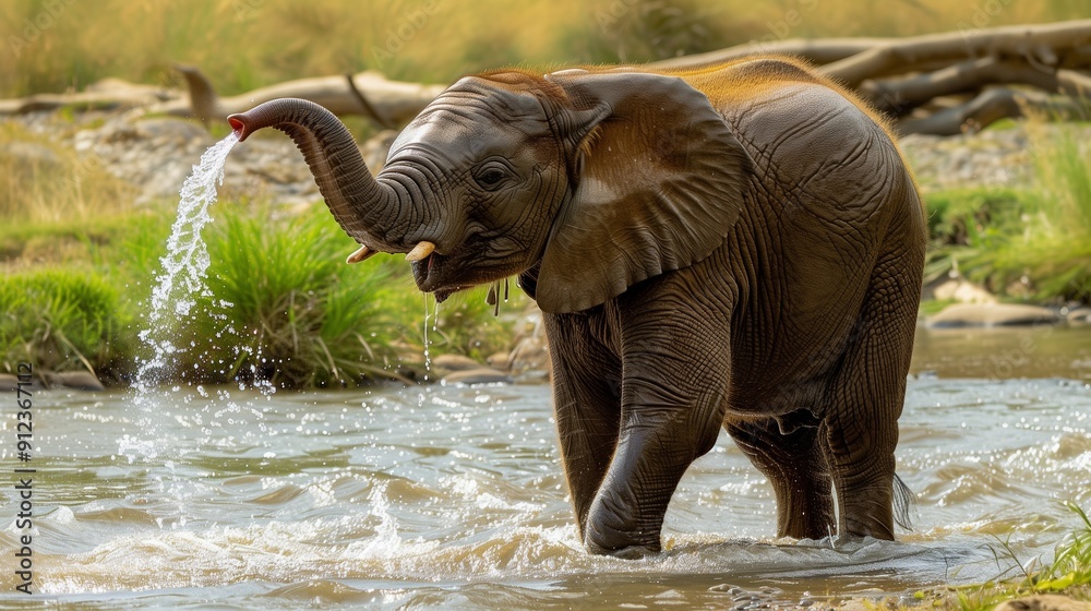 Fototapeta premium The elephant kneeling in a shallow river, using its trunk to scoop water and spray it onto its sides, creating a joyful splash.