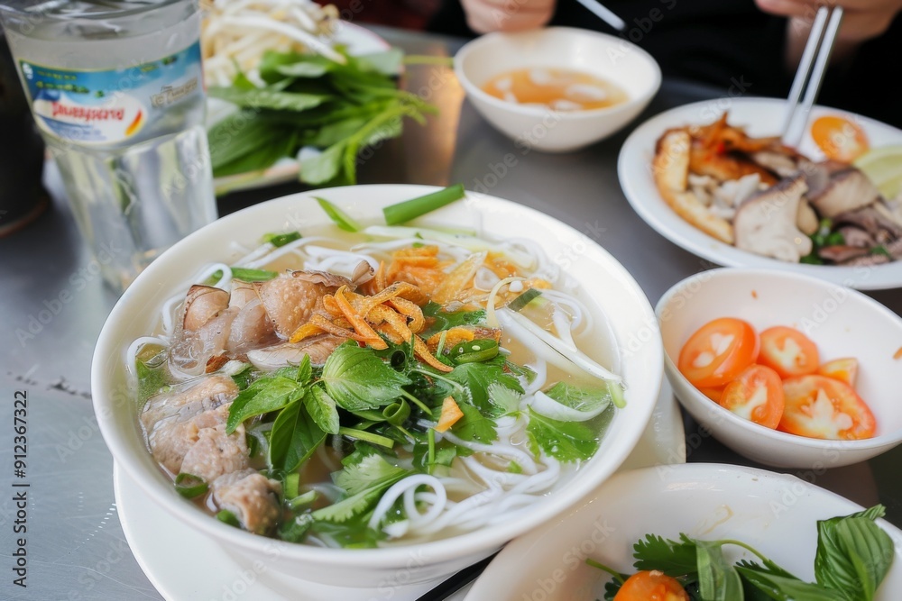 A vibrant dish of noodles adorned with fresh Vietnamese vegetables, showcasing a colorful assortment that highlights the freshness and healthiness of traditional cuisine. A vibrant dish of noodles adorned with fresh Vietnamese vegetables, showcasing a colorful assortment that highlights the freshness and healthiness of traditional cuisine.