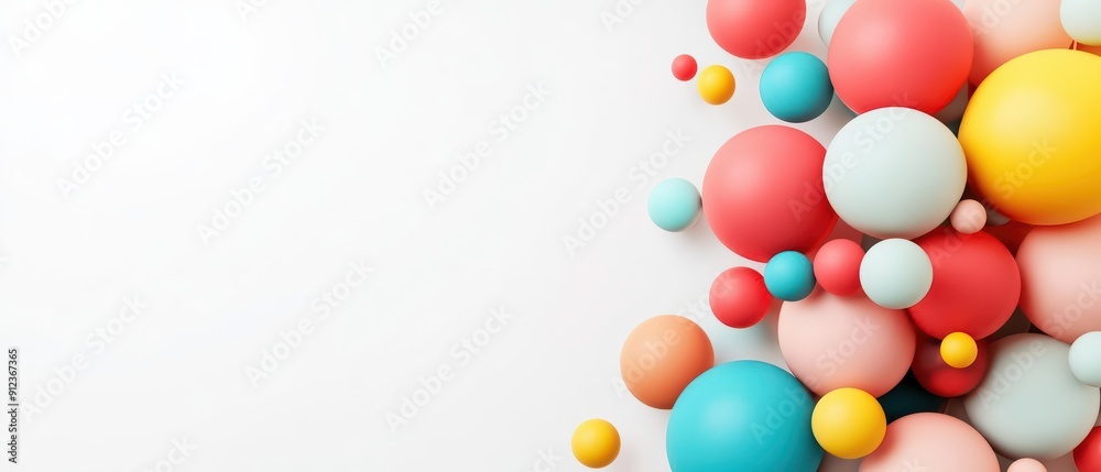 A colorful explosion of balloons in various shapes and sizes with sunlight filtering illuminating their surfaces is placed centrally isolate on white background with copy space A colorful explosion of balloons in various shapes and sizes with sunlight filtering illuminating their surfaces is placed centrally isolate on white background with copy space