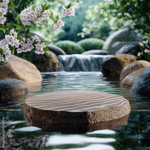 Serene Japanese garden waterfall with cherry blossoms