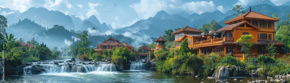Charming village with a flowing river, lush greenery, and mountain views, sunny day Charming village with a flowing river, lush greenery, and mountain views, sunny day