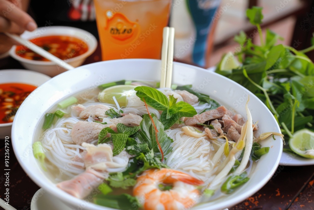 A vibrant dish of noodles adorned with fresh Vietnamese vegetables, showcasing a colorful assortment that highlights the freshness and healthiness of traditional cuisine. A vibrant dish of noodles adorned with fresh Vietnamese vegetables, showcasing a colorful assortment that highlights the freshness and healthiness of traditional cuisine.