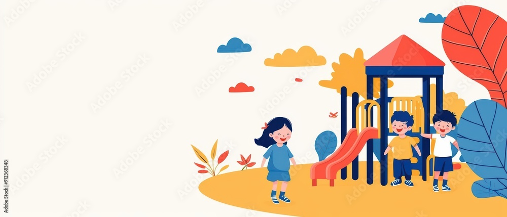 A group of kids is laughing and playing hide and seek in a colorful playground banner with copy space A group of kids is laughing and playing hide and seek in a colorful playground banner with copy space