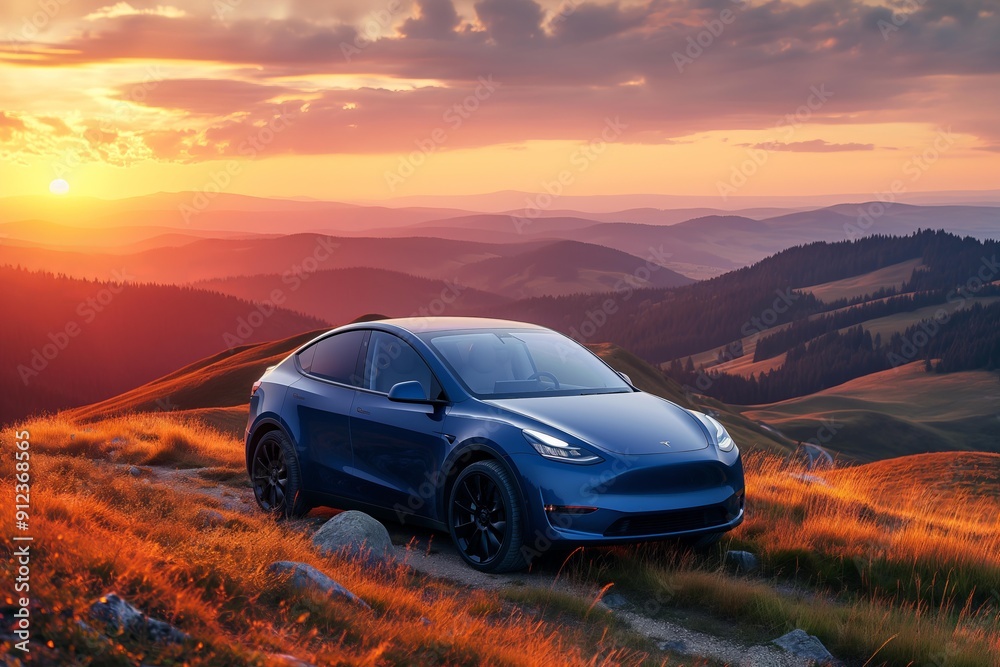 Scenic Drive Blue SUV Cruising on Mountain Road at Sunset with Stunning Nature Views Scenic Drive Blue SUV Cruising on Mountain Road at Sunset with Stunning Nature Views