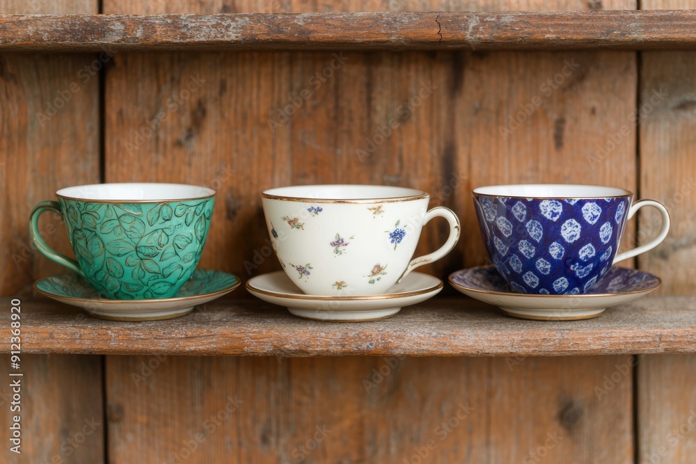 Fototapeta premium Vintage ceramic teacups on wooden shelf