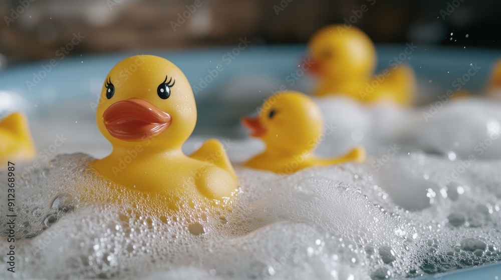 Cute rubber ducks in a bubbly bath Cute rubber ducks in a bubbly bath