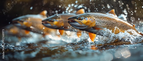 School of salmon swimming upstream, water splashes, dynamic shot