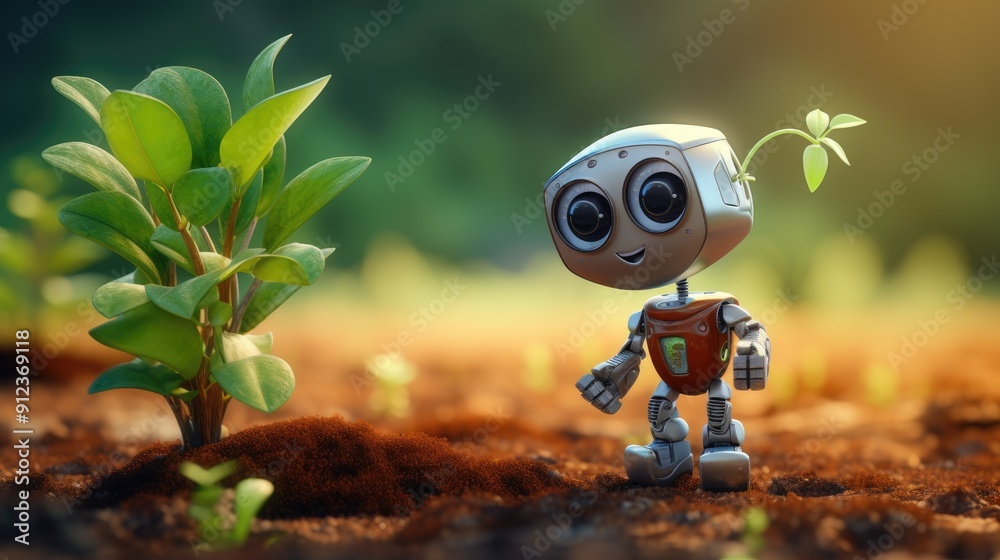 cute happy robot is observing plants in nature cute happy robot is observing plants in nature