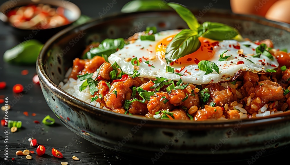 Thai basil pork with rice and fried egg, dark background, closeup