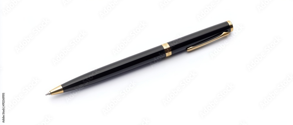 A luxury minimal pen with a sleek black design and sunlight filtering reflecting off its polished surface lies diagonally isolate on white background with copy space A luxury minimal pen with a sleek black design and sunlight filtering reflecting off its polished surface lies diagonally isolate on white background with copy space