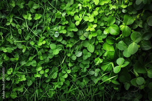 Wallpaper Mural Green clover leaves background with heart-shaped leaves, top view. St. Patrick s Day backdrop Torontodigital.ca