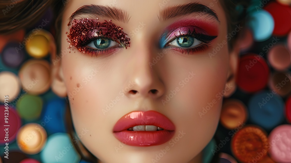 Portrait of a woman's face with bold makeup. She has red and pink eyeshadow on one eye and blue and pink eyeshadow on the other. There is glitter on her cheekbones. Portrait of a woman's face with bold makeup. She has red and pink eyeshadow on one eye and blue and pink eyeshadow on the other. There is glitter on her cheekbones.
