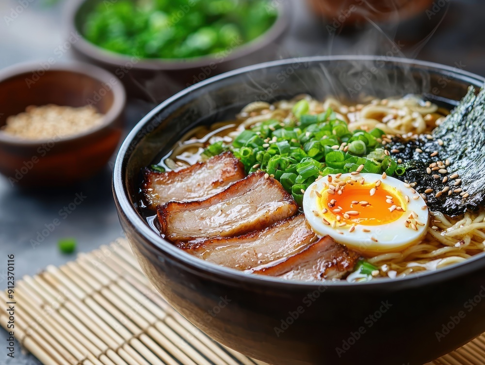 delicious japanese ramen noodle soup with pork belly, egg, and vegetables delicious japanese ramen noodle soup with pork belly, egg, and vegetables