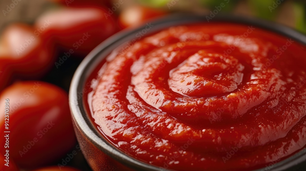 A bowl of red tomato sauce with a few tomatoes on the table A bowl of red tomato sauce with a few tomatoes on the table