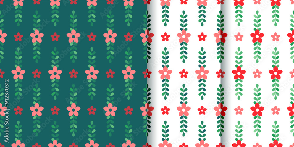 Seamless pattern with flowers. Red green backgrounds. Christmas floral prints. Set festive wrapping papers. Collection geometric backdrops. New year textures. Vector illustration Seamless pattern with flowers. Red green backgrounds. Christmas floral prints. Set festive wrapping papers. Collection geometric backdrops. New year textures. Vector illustration