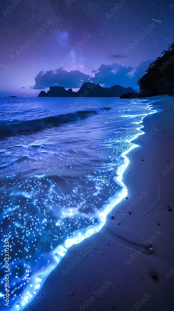 Ethereal beach with bioluminescent waves, magical Ethereal beach with bioluminescent waves, magical