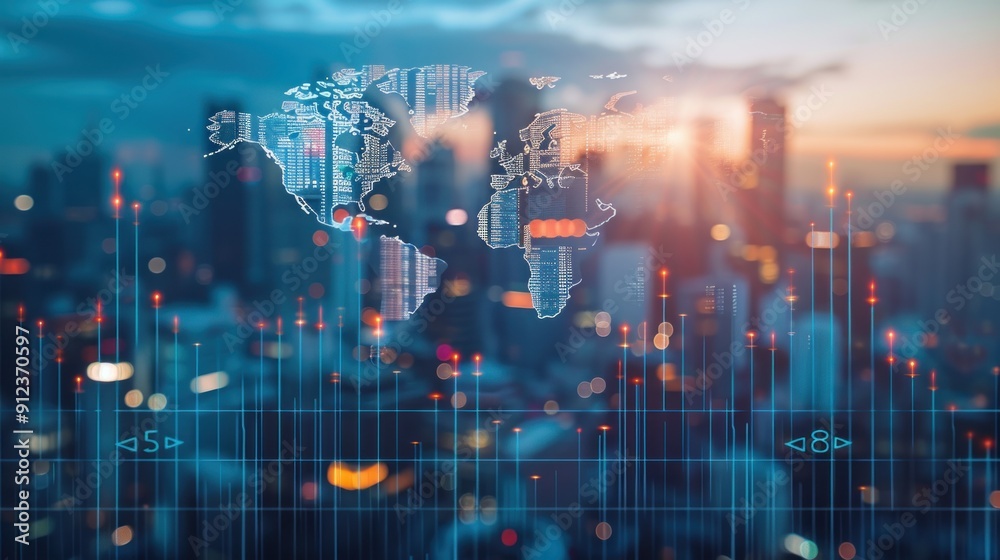 Fototapeta premium Abstract double exposure colorful business graph with a city in the background