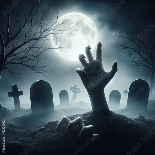 Halloween, Undead hand coming out from the soil, cemetery creepy ghost in pain photo