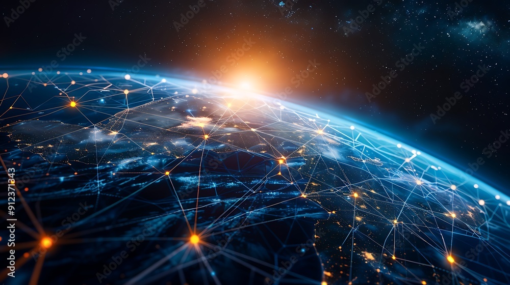 Abstract of the earth with glowing lines connecting cities, showcasing the global network and interconnectedness of our world.