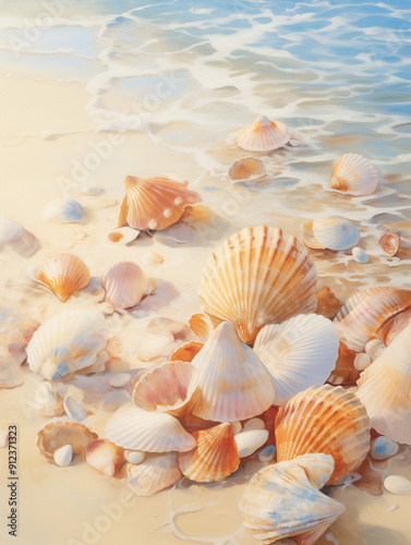 Seashells on sandy beach with ocean waves