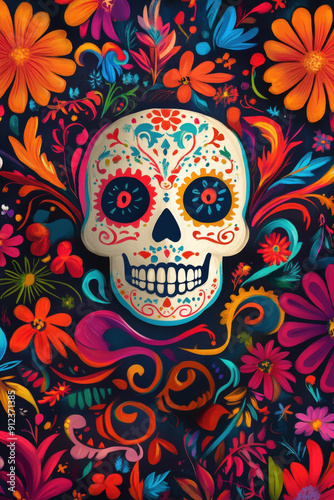 Vibrant illustration celebrating dia de los muertos with a sugar skull surrounded by colorful flowers and intricate designs