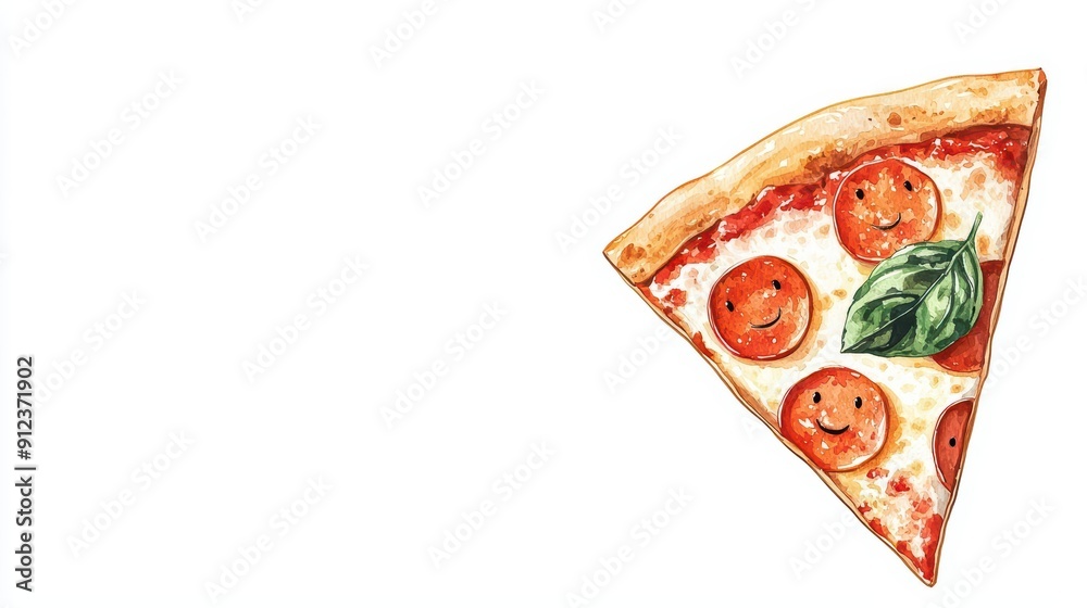 A strange watercolor of a quirky pizza slice with smiling toppings with sunlight filtering through is isolate on white background with copy space