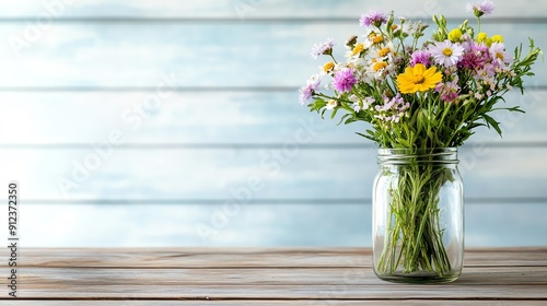A beautiful bouquet of wildflowers in a glass jar on a wooden table, creating a charming and vibrant home decor. photo