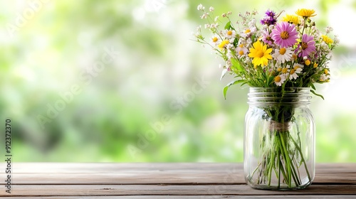 A vibrant bouquet of wildflowers in a glass jar, placed on a rustic wooden table with a soft, blurred green background. photo