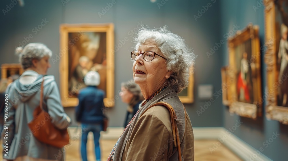 An elderly woman admires artwork while other visitors explore the gallery around her An elderly woman admires artwork while other visitors explore the gallery around her