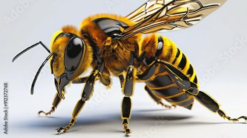 a close up of a bee on a white background, bee, (bee), 3 d bee, bees, bees covering whole body, cyberpunk bee, apipheny, big bee, closeup painting of bee, 3d bee made of metal, human structure bee con photo