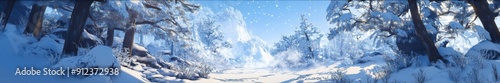 Frosty Paradise: A High-Quality Hand-Drawn Illustration Capturing the Tranquility of a Snowy Environment, Embracing the Season's Charm with Unique and Vivid Anime Style. photo