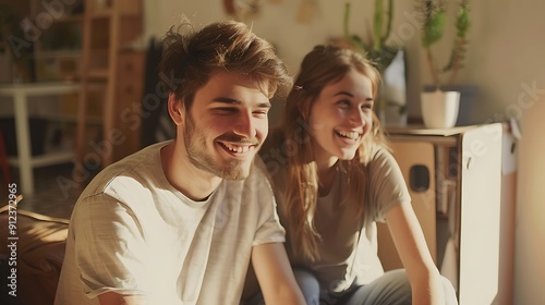 Young Couple is laughing together in a sunny living room. The man is wearing a white T-shirt and the woman is wearing a gray T-shirt and blue jeans.