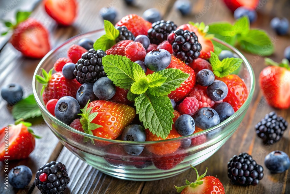 Fresh mixed berries including strawberries, blueberries, raspberries, and blackberries tossed with crisp mint leaves in a colorful and vibrant summer fruit salad arrangement. Fresh mixed berries including strawberries, blueberries, raspberries, and blackberries tossed with crisp mint leaves in a colorful and vibrant summer fruit salad arrangement.