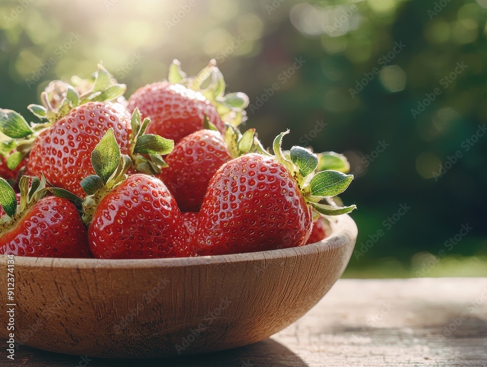 Ripe and juicy strawberries in a wooden bowl