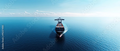 Autonomous ships cruising across skyblue oceans robotic cargo haulers lifting containers sunlight filtering onto metallic decks splash banner with copy space photo