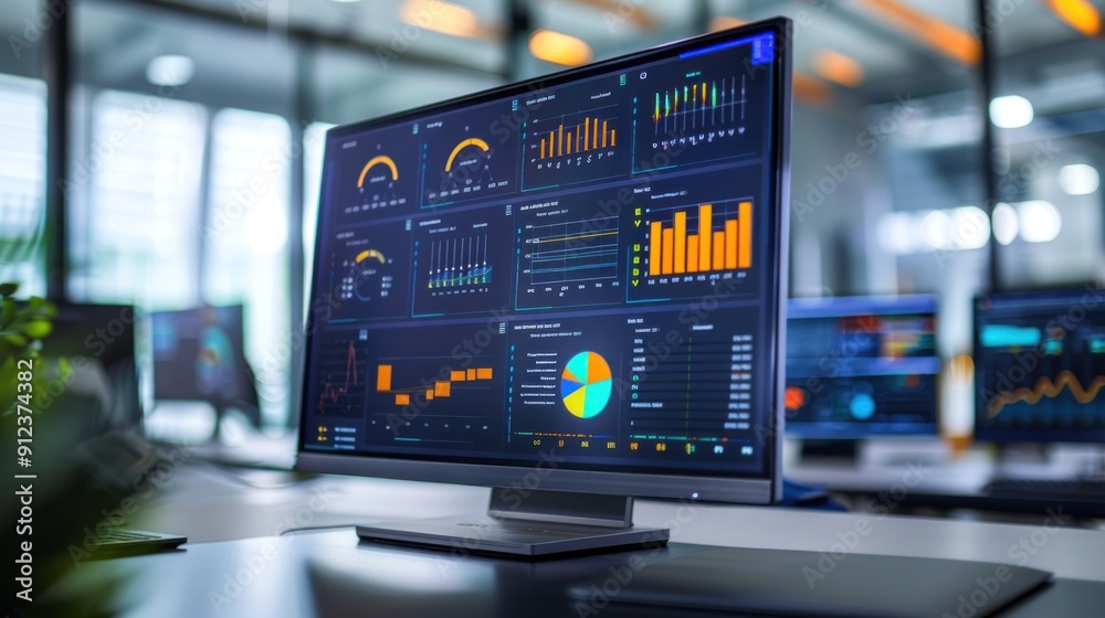 Desktop Computer Displaying Financial Data and Graphs Desktop Computer Displaying Financial Data and Graphs
