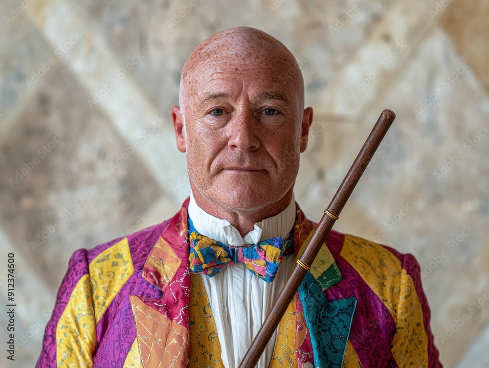 Fototapeta premium Colorful dressed man holding a wooden staff