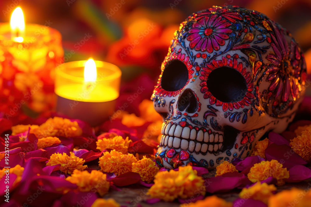 Decorated sugar skull resting on a bed of cempasuchil petals for day of the dead celebration Decorated sugar skull resting on a bed of cempasuchil petals for day of the dead celebration