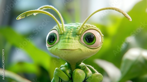 A cute, cartoon insect with large eyes and vibrant green color, sitting amidst lush foliage, evoking a sense of wonder and nature.