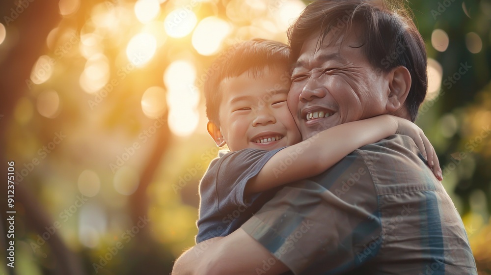 A father and her boy are hugging each other in a park A father and her boy are hugging each other in a park