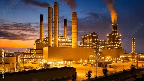 Industrial scene of a natural gas power plant with gas turbines an cooling towers.The clean-burning fossil fuel contributes to the efficient production of electricity with reduced environmental impact photo